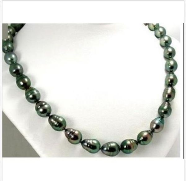 

18"10-12mm tahitian genuine black peacock green redish pearl necklace, Silver