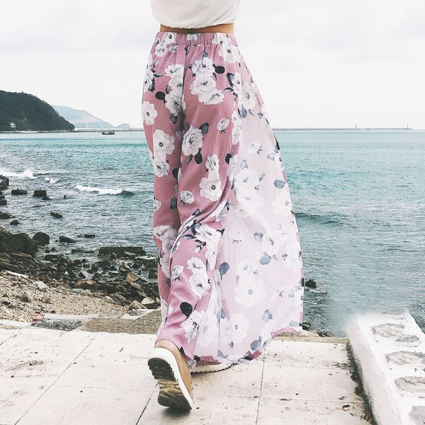 

женские дизайнерские печатные сексуальные высокая талия сплит большой размер свободные шифоновые повседневные широкие брюки лето, Gray