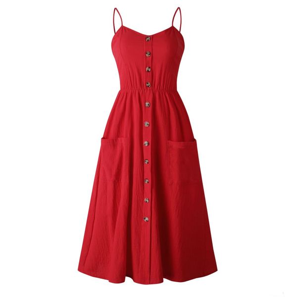 

button sleeveless shirt dress 2019 summer cotton boho beach dresses women casual solid pocket a-line midi party dress vestidos, Black;gray