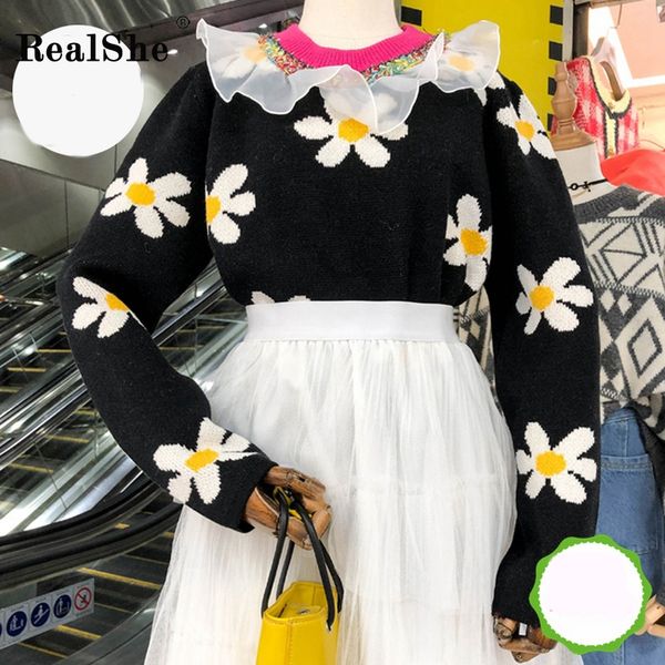 

realshe sweaters ladie o-neck full sleeve floral ruffles sweater woman pullover 2019 spring casual solid fall sweaters for women, White;black