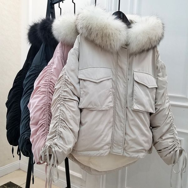 

big real raccoon fur winter jacket women female white duck down jacket thick warm loose women down parka winter women coat, Black