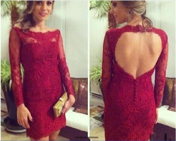 

women cocktail dresses scoop neck sheath prom dresses long sleeves burgundy lace party dress plus size formal homecoming gowns, Red