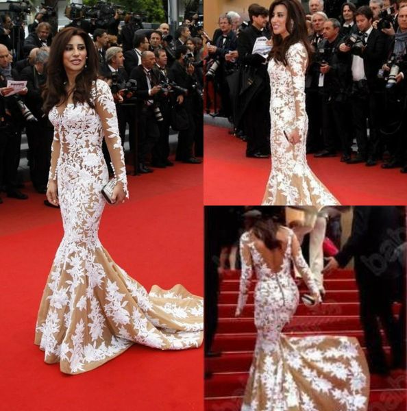 

2019 white lace mermaid evening celebrity dress illusion long sleeves inspired cannes festival formal prom gowns backless party dress custom, Black;red