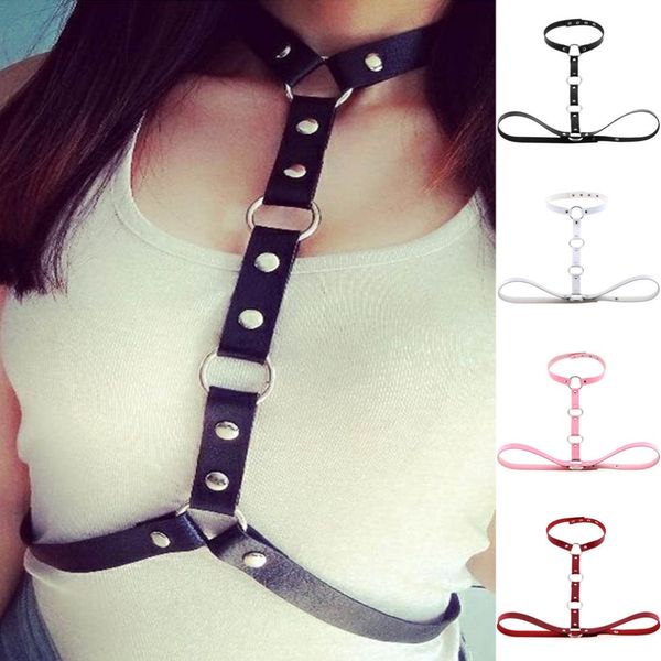 

vegan body leather harness belt bondage cage statement necklaces women beach collar goth chokers shoulder necklace party jewelry, Golden;silver