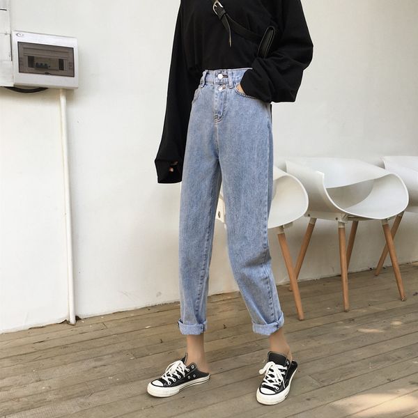 

осень и зима высокой талии джинсы женские широкий leg ик новый стиль папа большой размер жир мм ретро брюки сыпучие-fit свободные брюки, Blue