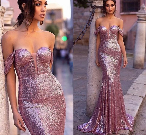 

sequined mermaid bridesmaids dresses long off the shoulder wedding party prom dress sweep train maid of the honor gowns sleeveless, White;pink