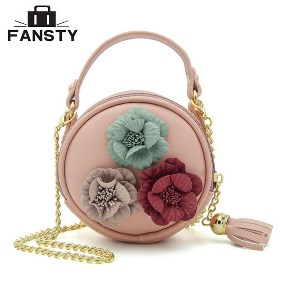 

new summer women floral mini circular cross body bag cute girl appliques tassel small handbag lady chains round messenger bag