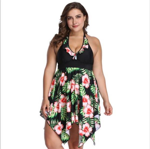 

6XL Women Flower Print Plus Size Swimwear Loose Fashion Casual V Neck Bikini Jumpsuits One Piece Bathing Suit