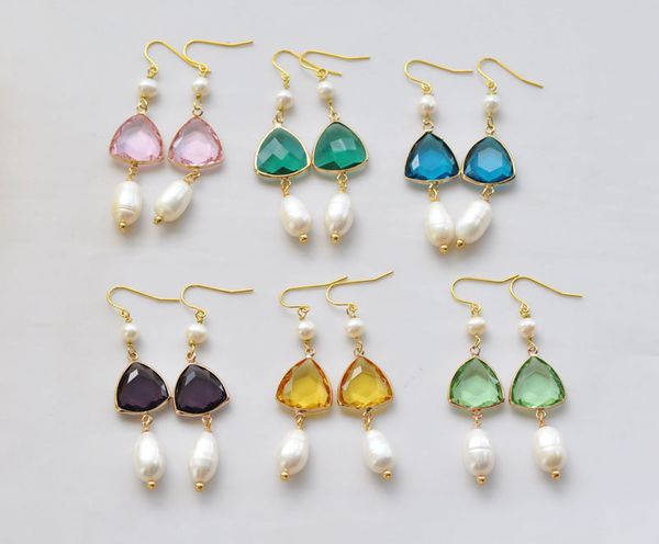 

d0439 trigon faceted clean crystal white rice pearl dangle earring, Golden;silver