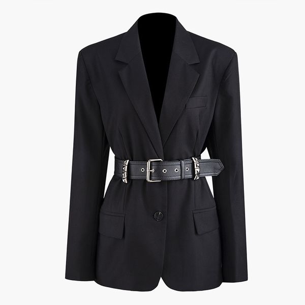 

studded waist buckle long-sleeved suit women's single-breasted solid color slim jacket fashion designer pocket lapel 2019, Black