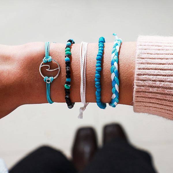 

jcymong 5pcs/set new hand woven sky blue rope chain charm bracelets silver color spray beads bracelets for women 2020 jewelry, Golden;silver