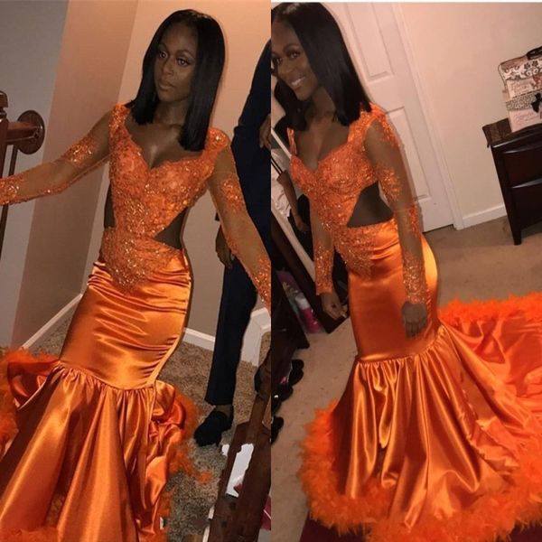 

african orange mermaid prom dresses low neck long sleeves cutaway side feather african evening gowns satin party dress cheap, Black