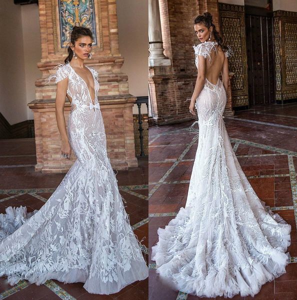 

berta 2019 mermaid wedding dresses v neck backless lace bridal gowns with feathers sweep train beach wedding dress, White