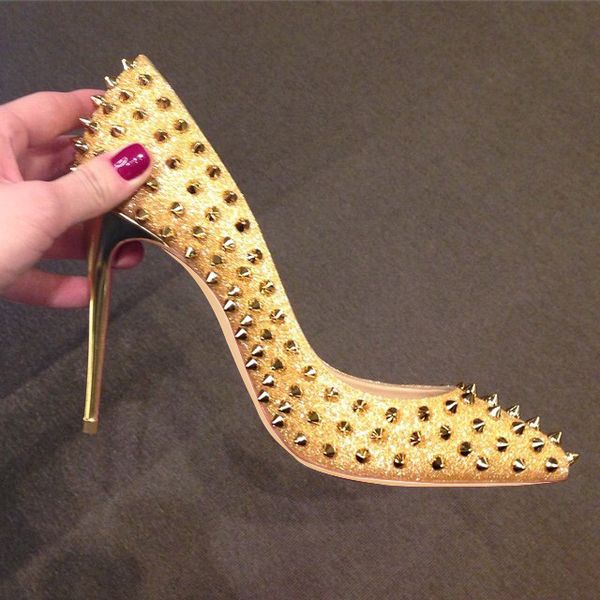 

casual designer lady fashion women pumps gold glitter studded spikes point toe high heels shoes pumps stiletto shoes 12cm 10cm 8cm, Black