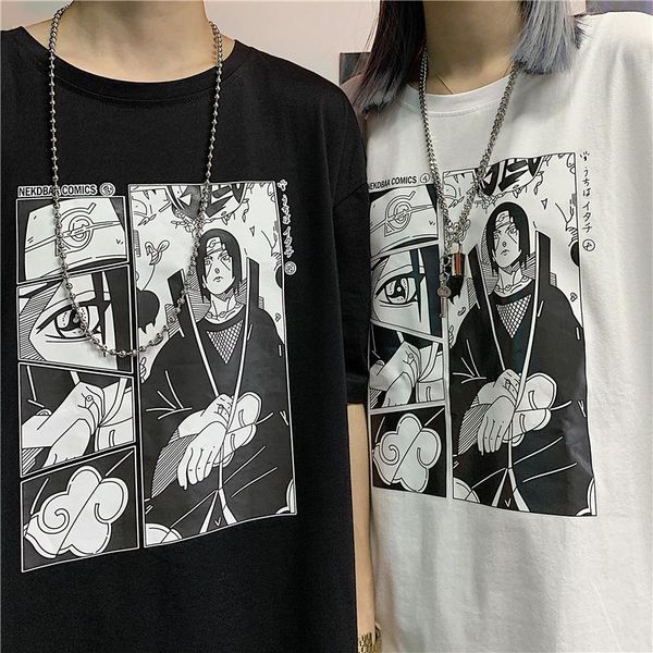 

100% cotton itachi uchiha man summer t shirt short sleeve o neck oversized clothes 2019 naruto print anime couple fashion, White;black