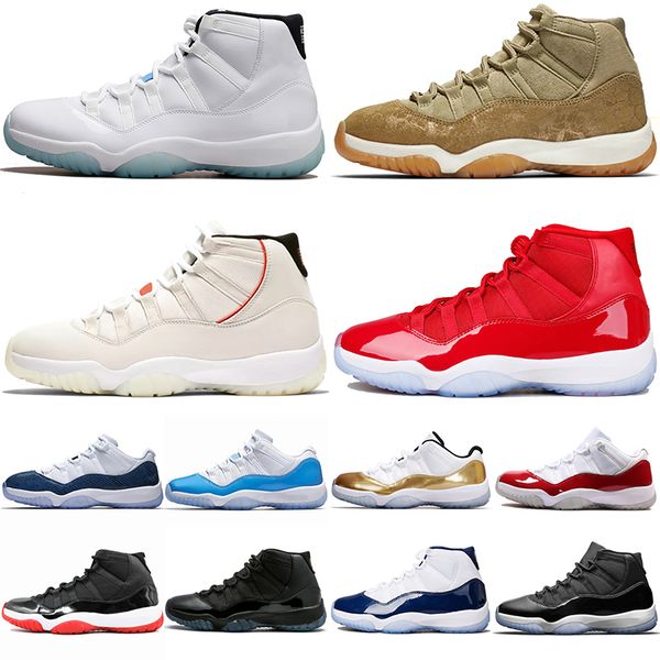 

11 XI Mens Basketball Shoes Concord Bred Olive Lux Platinum Tint Space Jam UNC 2019 XI Designer Trainer Men Sport Sneakers Size 36-47