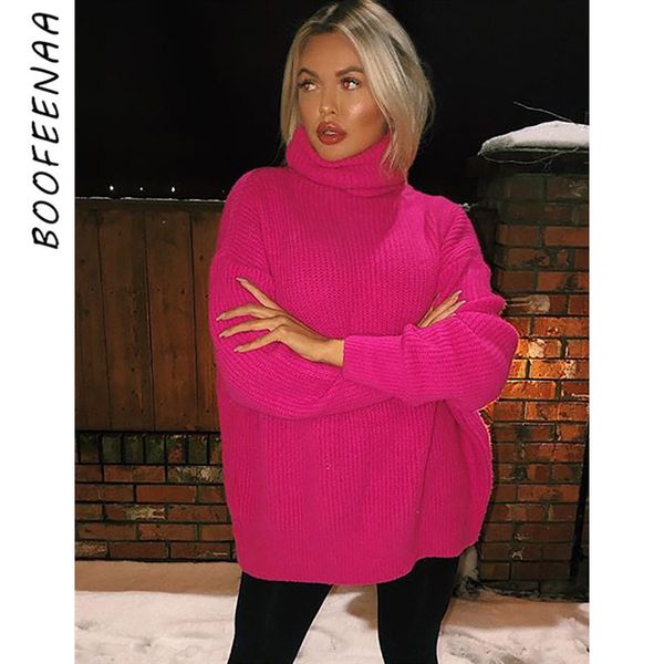 BOOFEENAA Mode Rollkragen Übergroßen Pullover Winter Kleidung Frauen Neon Grün Rosa Orange Pullover Damen Stricken Tops C54-AF91 LY191217