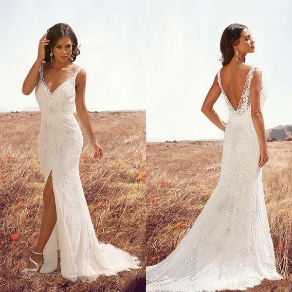 

2020 country wedding dresses v-neck lace appliques split bridal gowns backless sweep train mermaid wedding dress vestidos de noiva, White