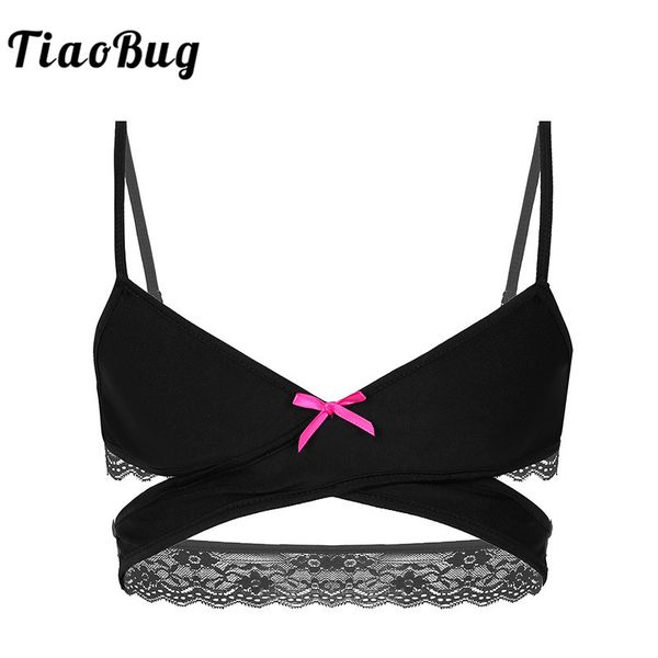 

tiaobug регулируемые бретельки для спагетти кружевной крестик без проводов без ворсованной ткани сисси белье бюстгальтер переодевание мужчин, Red;black