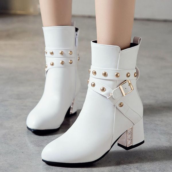 

women's square heel winter boots rivets buckle strap thick-soled pu pointed toe solid white boots shoes wimen's shoes #0821, Black