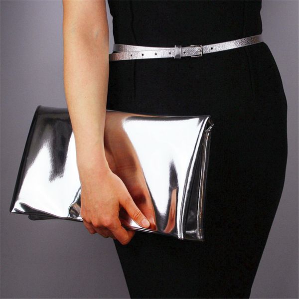 

silver mirror metal folded rolled clutch handbags women handbags simple gloss patent leather large hand bag no strap party bag