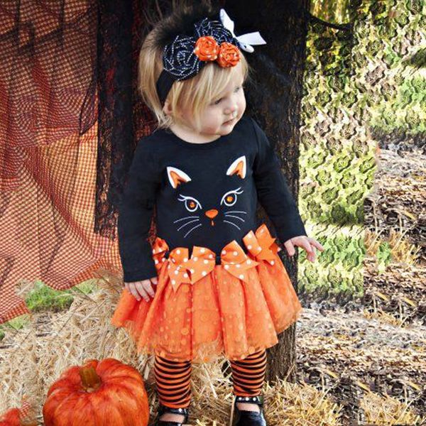 

девушки хеллоуин одежда детские дети девушки с длинным рукавом кошка печати о-образным вырезом топы + лук tutu юбка платье ансамбля филе для, White