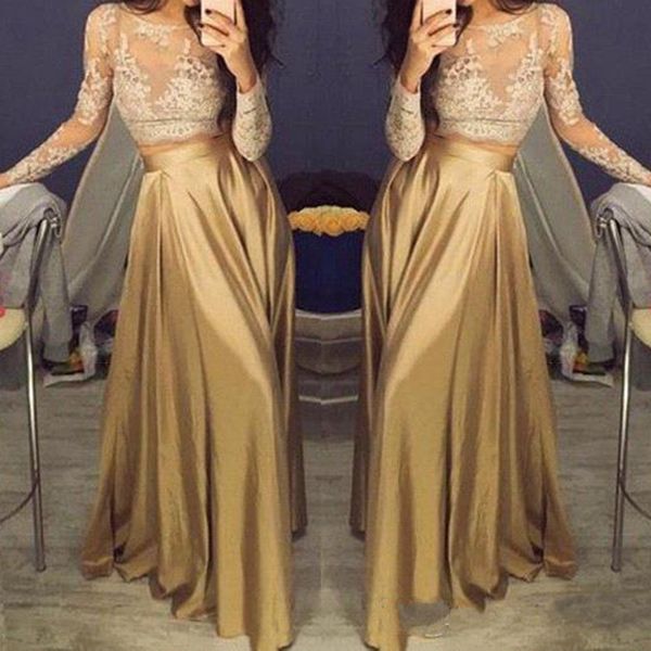 Lindo Laço de Manga Longa de Ouro de Duas Peças Vestidos de Baile 2019 Cetim Barato Prom Vestidos Sheer Golden Party Dress Frete Grátis