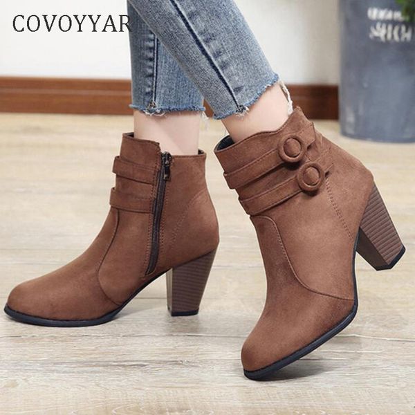 

covoyyar 2019 double buckle woman boots autumn winter shoes women block heel flock short ankle boots lady casual shoes wbs006, Black