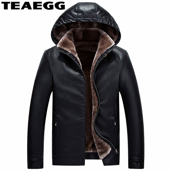 

teaegg плюс размер pu mens с капюшоном кожаные куртки parka chaqueta cuero hombre теплый толстые поддельный черный мужские кожаные куртки па, Black