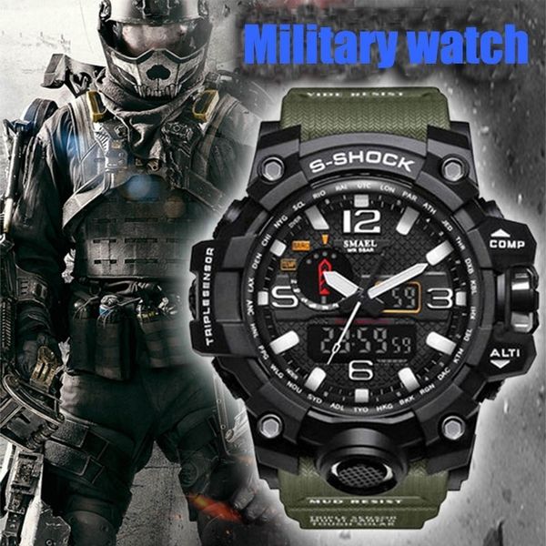 

smael brand fashion men's waterproof sports shock analog quartz dual display watch style military digital led watches relogio masculino, Slivery;brown