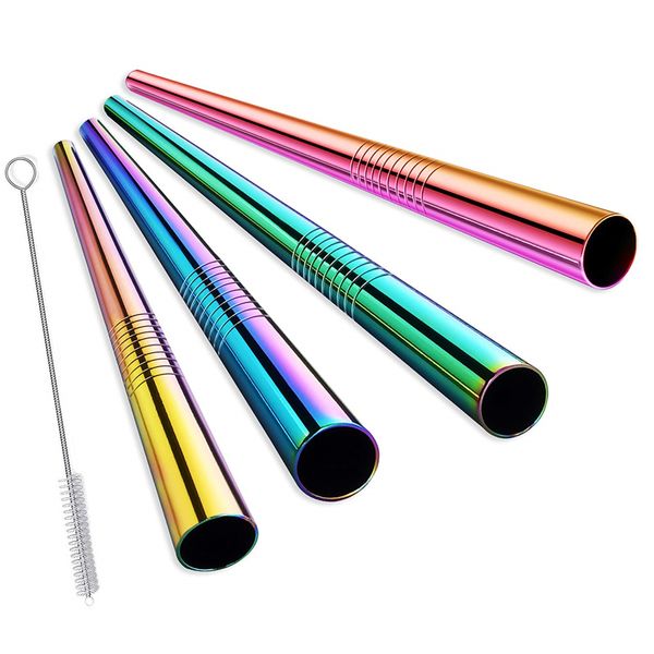 

4pcs 12mm extra wide reusable rainbow stainless steel metal straw jumbo bubble milkshakes drinking straws