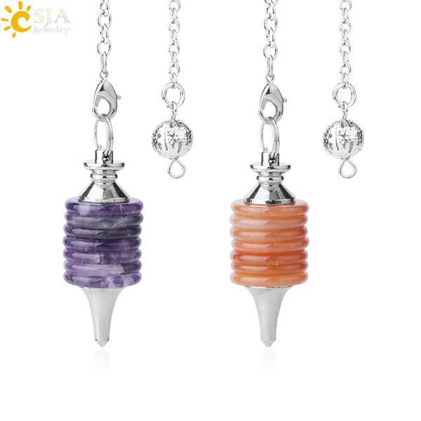 

csja natural stones pendulum for dowsing divination round slab healing purple crystal tiger eye cylindrical amulet pendants f907, Silver