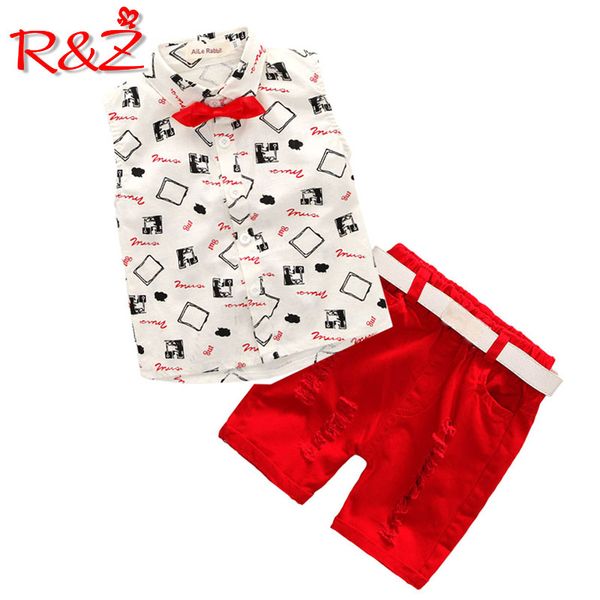 

r&z 2018 boys set short sleeve shirt shorts 2 piece set belt gift summer explosion gentleman boy baby clothes, White