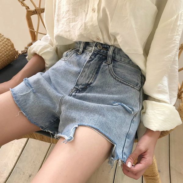 

women distressed short jeans summer high waist thin loose light blue denim shorts female wide leg ripped jeans