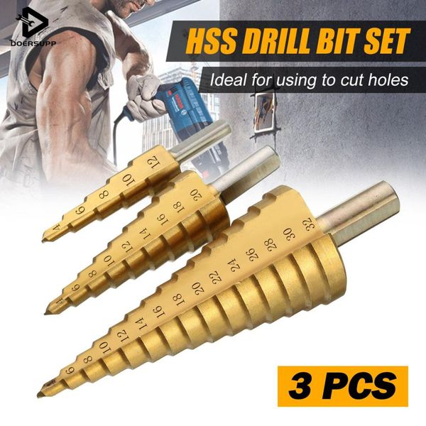

3pcs hss steel large step drill bit set 4-12/20/32mm cone titanium coated metal drilling cut tool hole cutter wholesale price