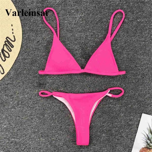 

2019 neon pink thong bikini women swimwear female swimsuit two-pieces bikini set ribbed bather mini bathing suit swim v1666