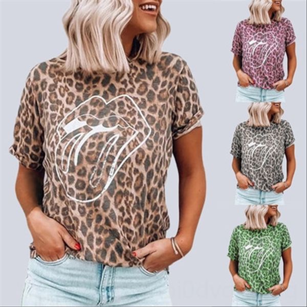 

women's leopard print lip printing round collar short sleeve t-shirt women women's leopard print lip printing round collar short s, White