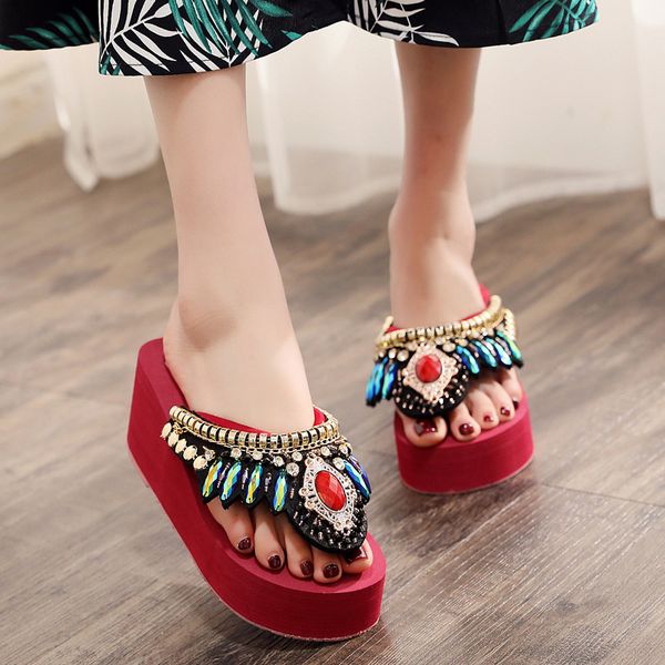 

big gemstone metal decoration flip flops platform wedges women summer slides ethnic string bead slip-on lazy slippers pantuflas, Black