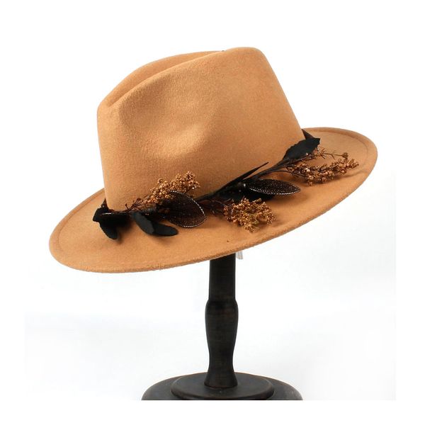 

women wide brim wool fedora hat with flower winter elegant lady outback jazz fascinator hat 2size 56-60, Blue;gray