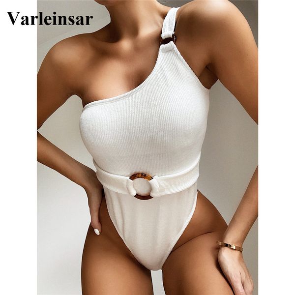 

2020 новый сексуальный одно плечо one piece купальники женщины купальники женский купальщица с поясом ребристые купальный костюм плавать мон, White;black