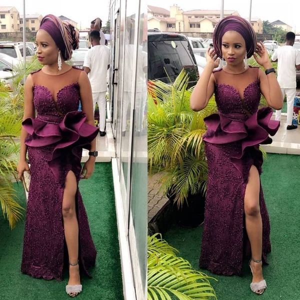 

aso ebi фиолетовые mermaid split вечерние платья 2020 sheer шеи бисером аппликация сборки баски для black girls мантий выпускного вечера, Black;red