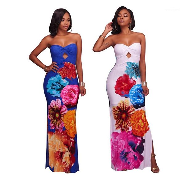 

prom dresses luxury slim strapless split sleeveless long dresses fashion womens party dresses floral printed women, White;black