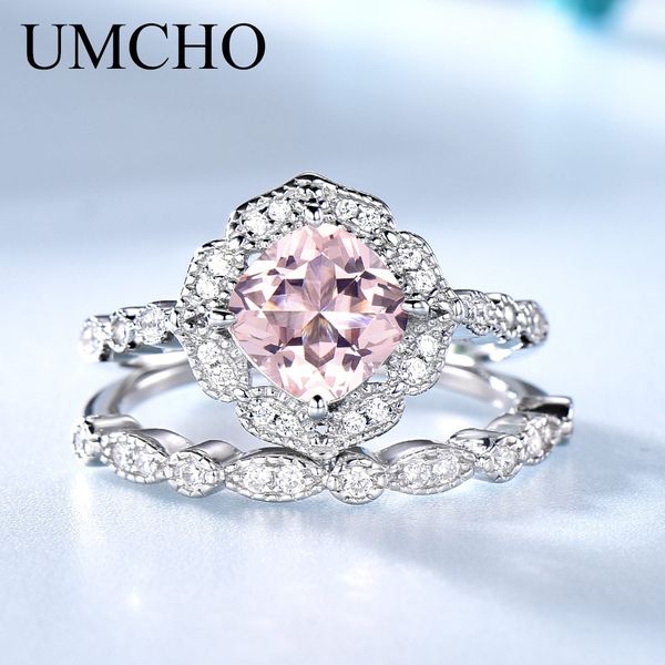 

umcho solid sterling silver morganite rings for women engagement anniversary band ring set pink gemstone valentine's gift, Golden;silver