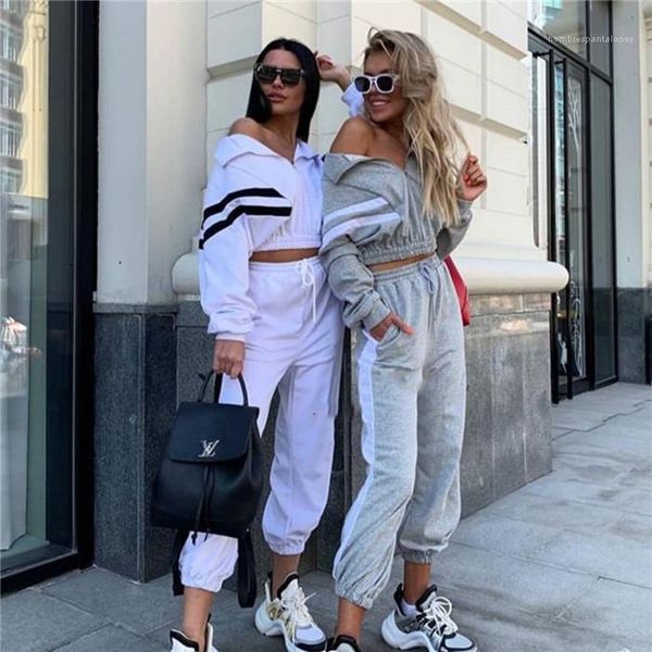 

sleve crew neck fashion female clothing line print casual apparel womens fashion designer 2pcs pants long, White