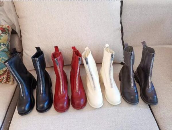 

women's leather solid color medium boots, round front zipper retro old martin boots, size: 34-40, Black