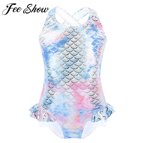 

cute baby girls swimwear sleeveless upf50+infant bathing suits bright ruffle swimsuit kids mermaid fish scales printed beachwear, White