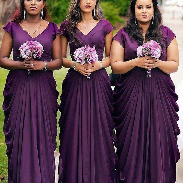 

Plus Size Dark Purple Bridesmaid Dresses Cap Sleeves V Neck Ruffles Evening vestidos 2019 Wedding Party Gowns Custom Made