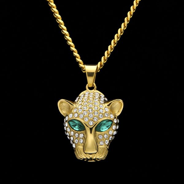 Acciaio Hip inossidabile luppolo inossidabile uomo oro bling verde diamante occhi leopardo pendente cubano a catena cubana fumetto gioielli animali da cartone animato per ragazzi in vendita