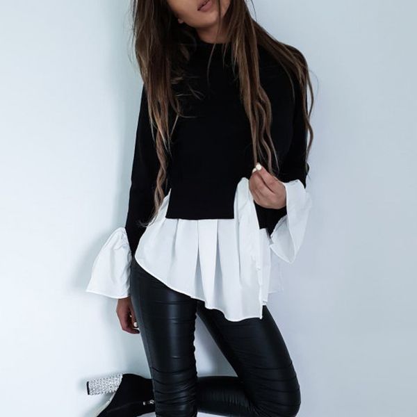 

2020 new spring women patchwork blouses female butterfly sleeve shirt frill hem jumper casual high neck ladies shirts, White