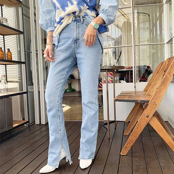 

2020 autumn fashion women denim jeans high-waist straight jeans for women side vintage female long pant capris, Blue